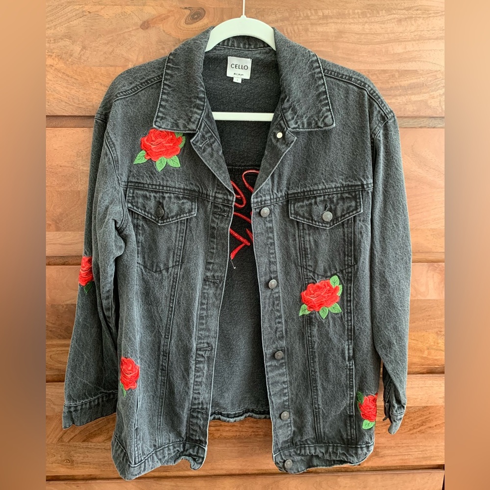 Cello woman’s jean jacket, black with red roses, size small, barely used.